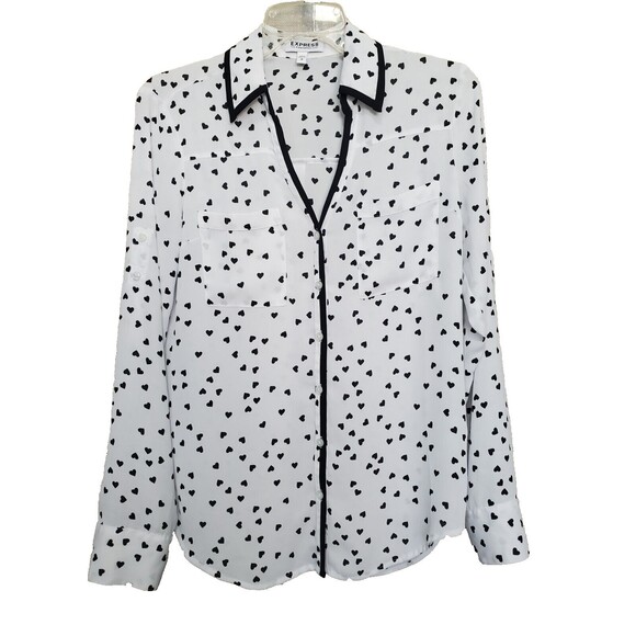 Express Portofino White Heart Print Black Trim Roll-Tab Sleeve Button-Up Shirt S - Picture 1 of 5